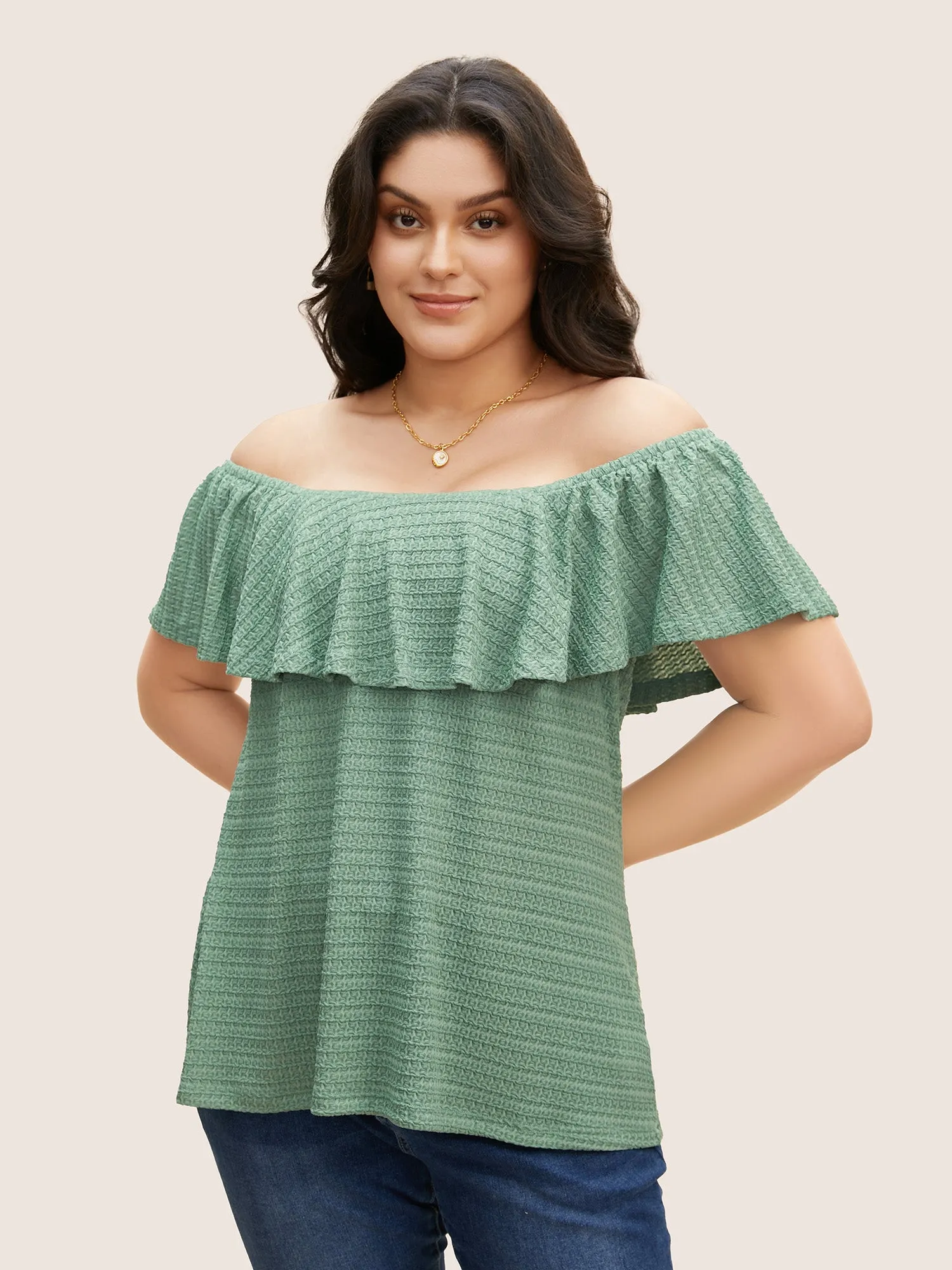 Solid Textured Off Shoulder Ruffle Trim T-shirt sold by Bloomchic product image thumbnail 2