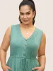 V Neck Drawstring Button Detail Pleated Dress sold by Bloomchic