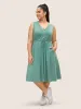 V Neck Drawstring Button Detail Pleated Dress sold by Bloomchic