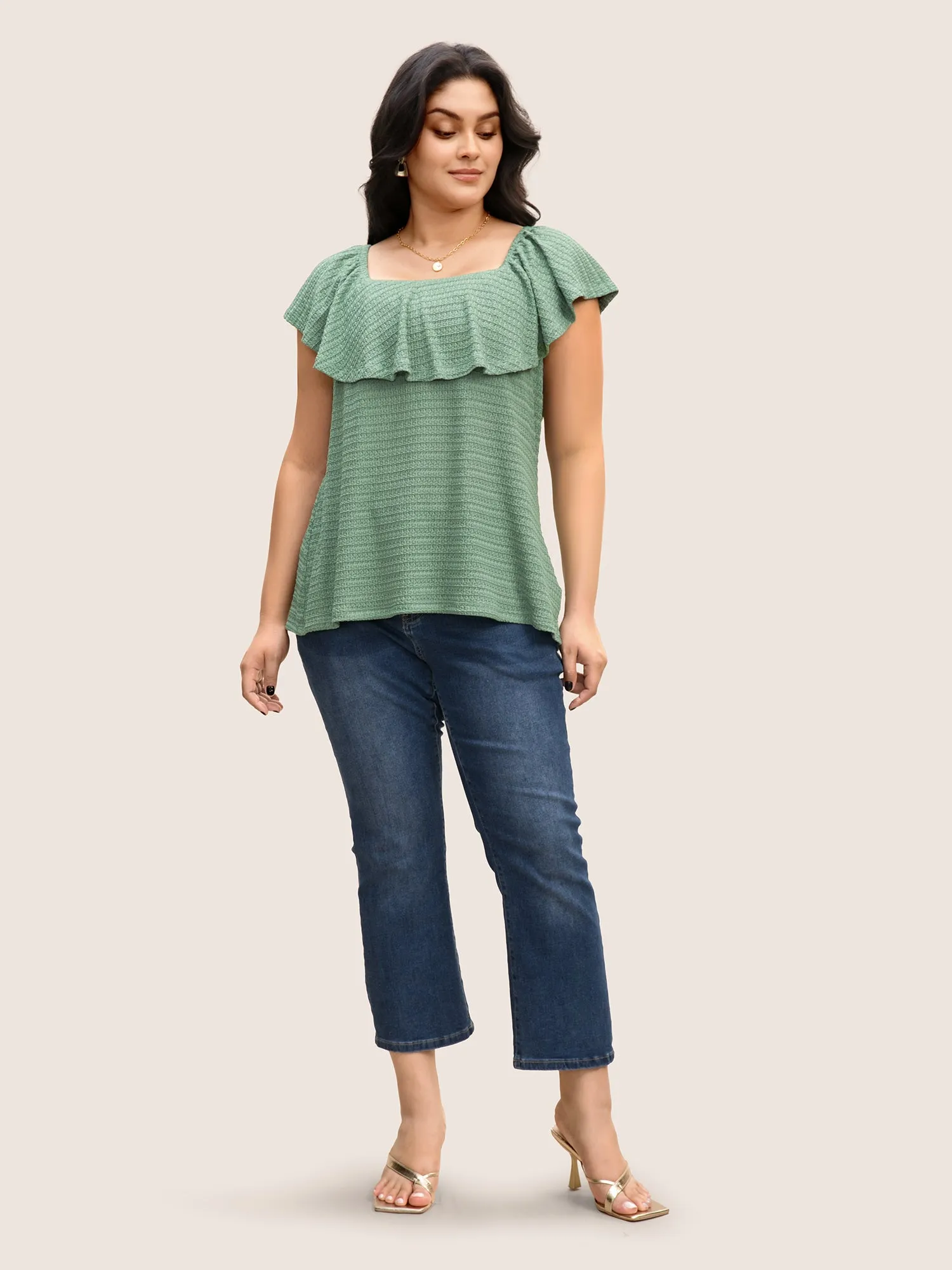 Solid Textured Off Shoulder Ruffle Trim T-shirt sold by Bloomchic product image thumbnail 4