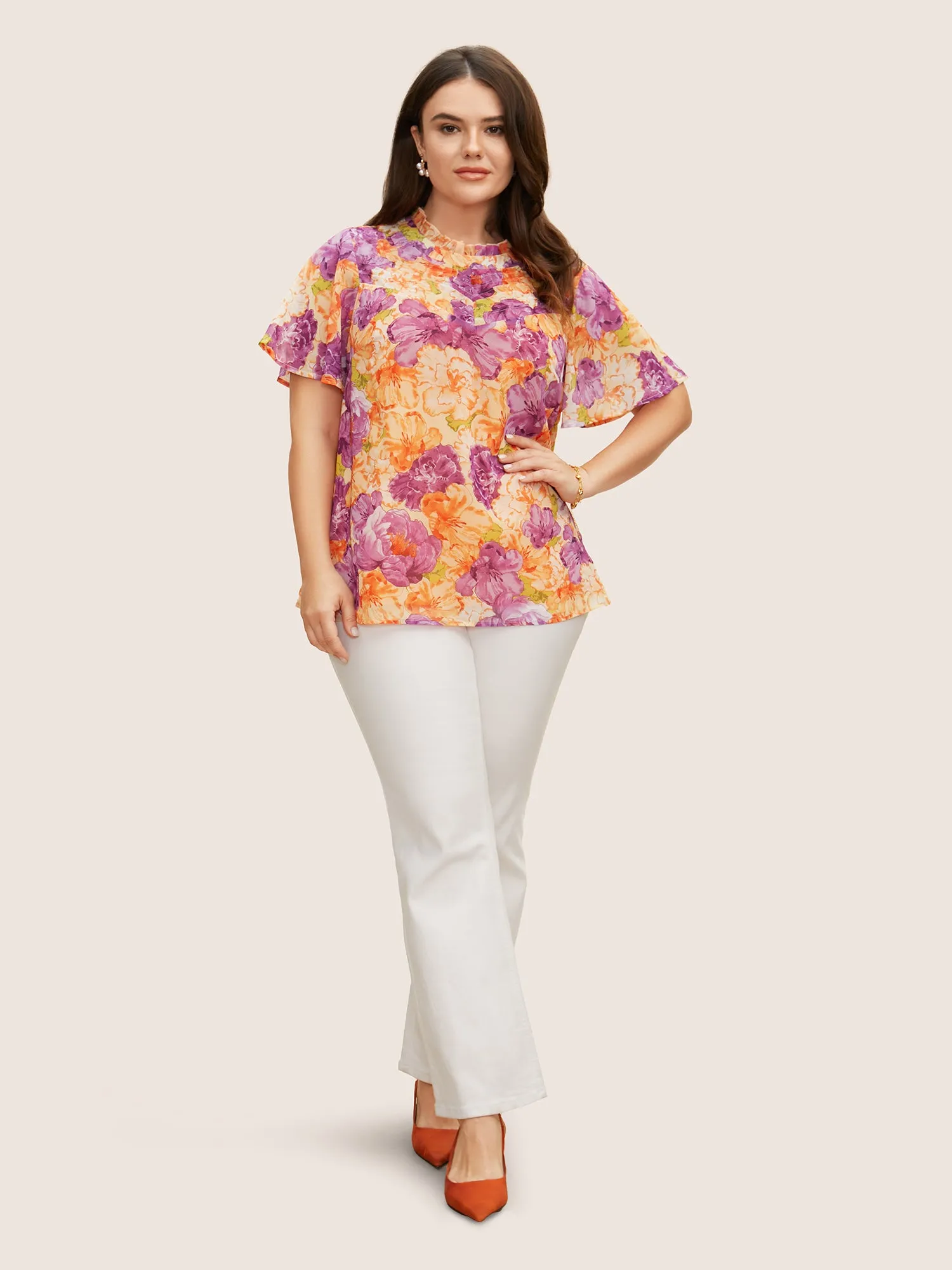 Mock Neck Contrast Floral Flutter Sleeve Blouse sold by Bloomchic product image thumbnail 2