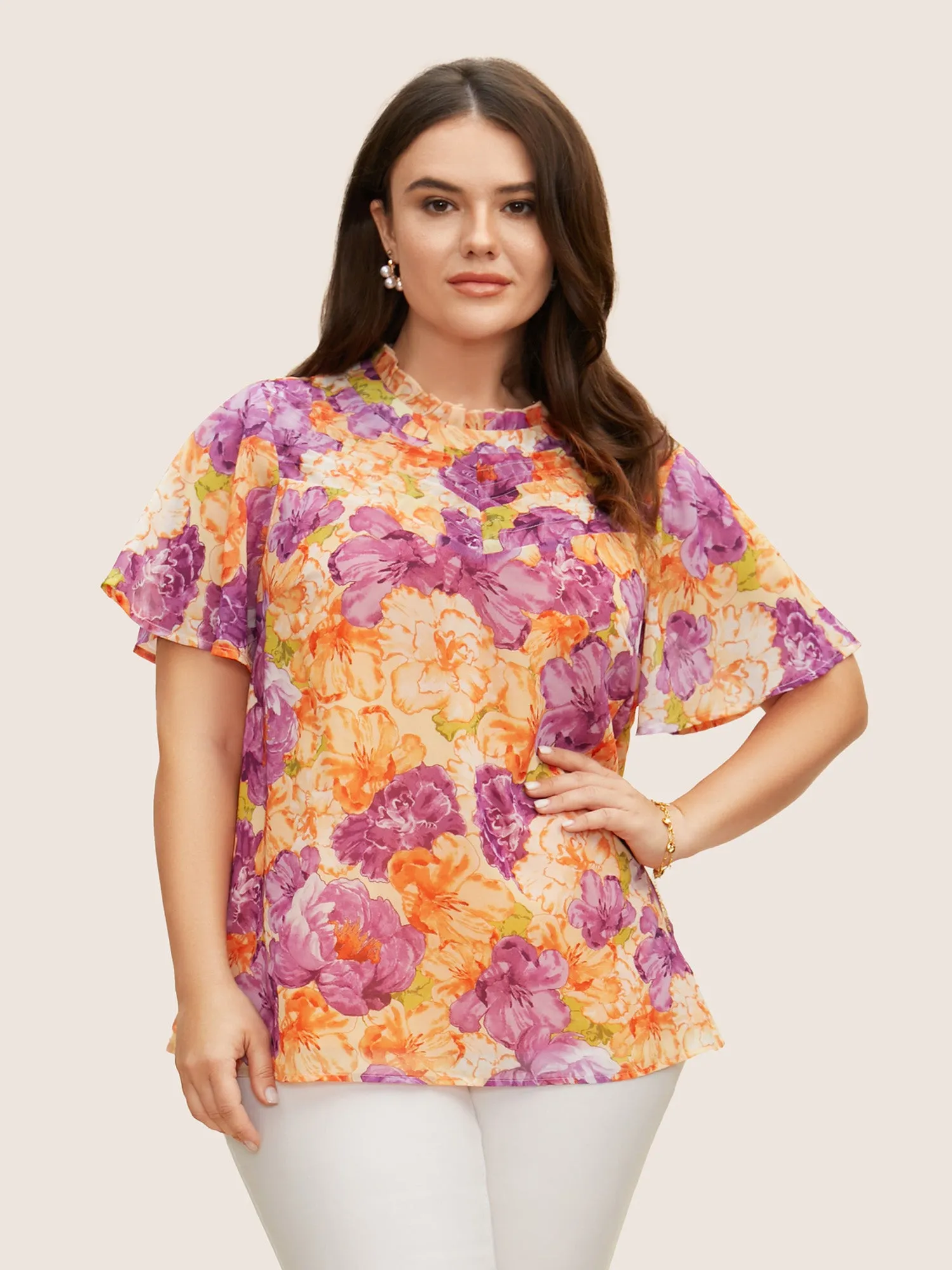 Mock Neck Contrast Floral Flutter Sleeve Blouse sold by Bloomchic