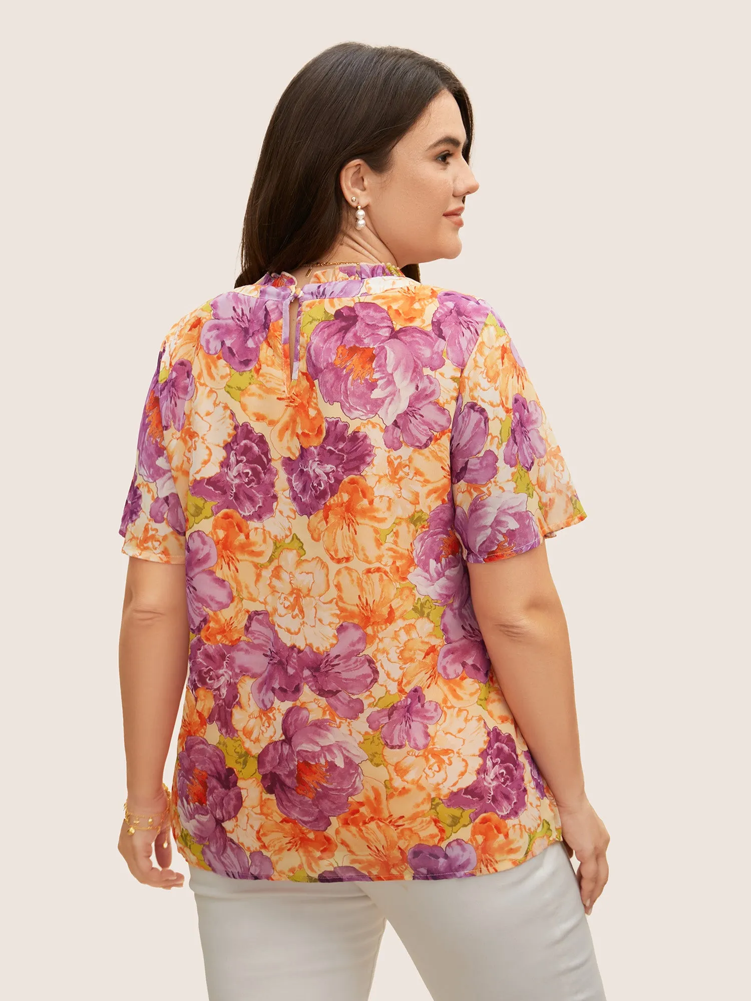 Mock Neck Contrast Floral Flutter Sleeve Blouse sold by Bloomchic product image thumbnail 5