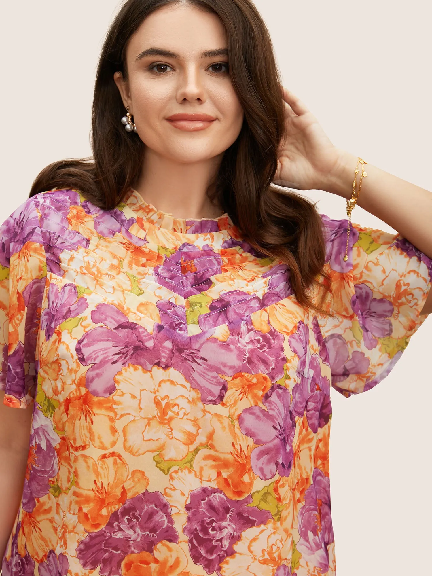 Mock Neck Contrast Floral Flutter Sleeve Blouse sold by Bloomchic product image thumbnail 3