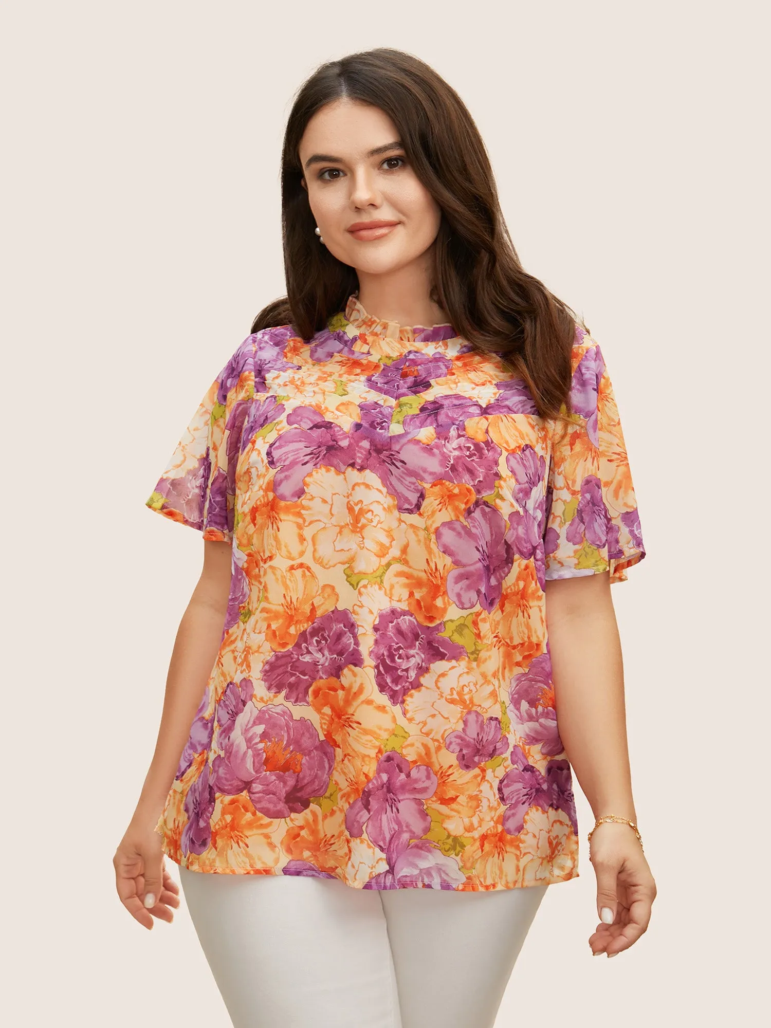 Mock Neck Contrast Floral Flutter Sleeve Blouse sold by Bloomchic product image thumbnail 4