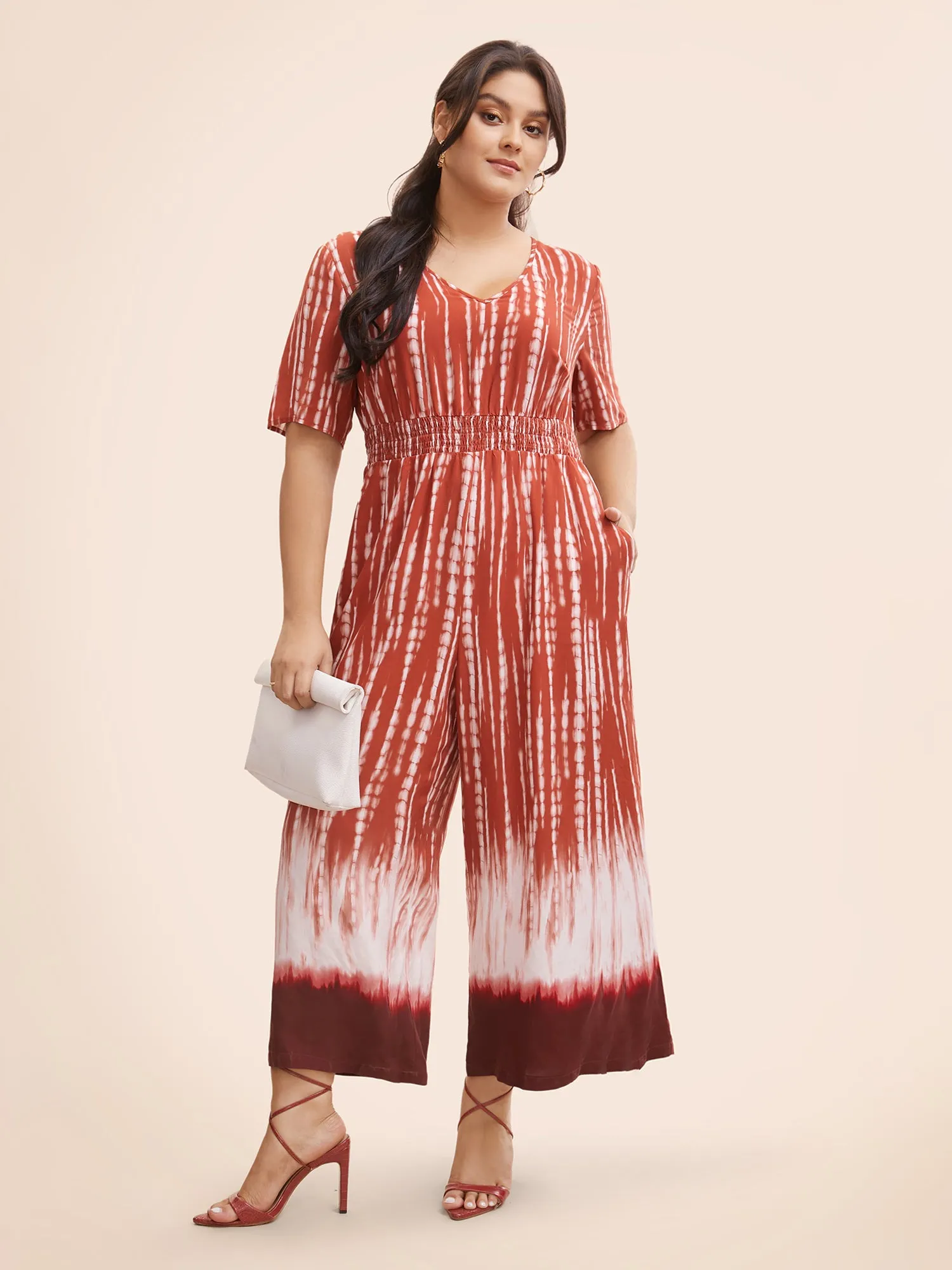 V Neck Gradient Dyeing Shirred Jumpsuit sold by Bloomchic