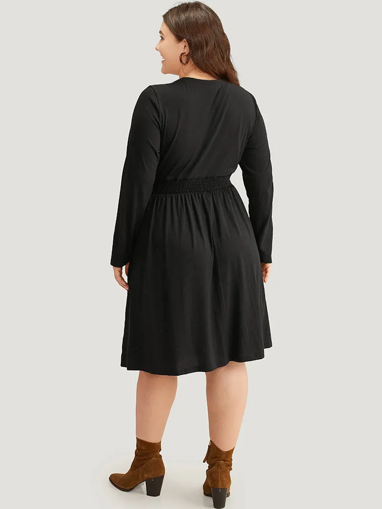 Plain Lace Up Shirred Pocket Round Neck Dress sold by Bloomchic product image thumbnail 4