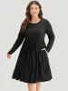 Plain Lace Up Shirred Pocket Round Neck Dress sold by Bloomchic