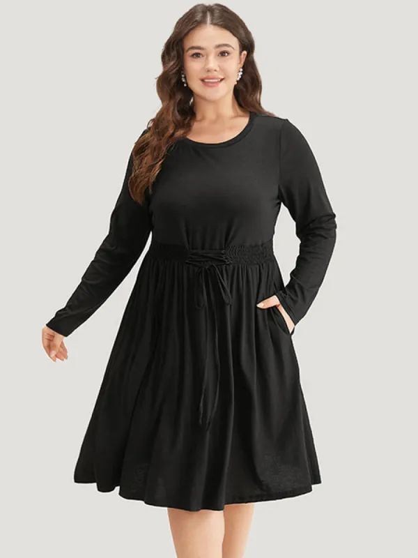 Plain Lace Up Shirred Pocket Round Neck Dress sold by Bloomchic