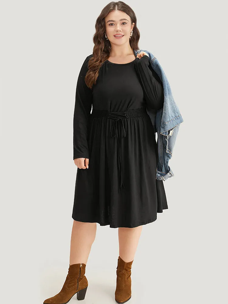 Plain Lace Up Shirred Pocket Round Neck Dress sold by Bloomchic product image thumbnail 2