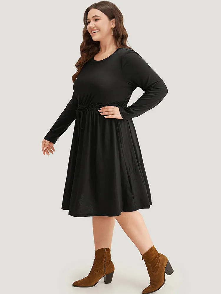 Plain Lace Up Shirred Pocket Round Neck Dress sold by Bloomchic product image thumbnail 3