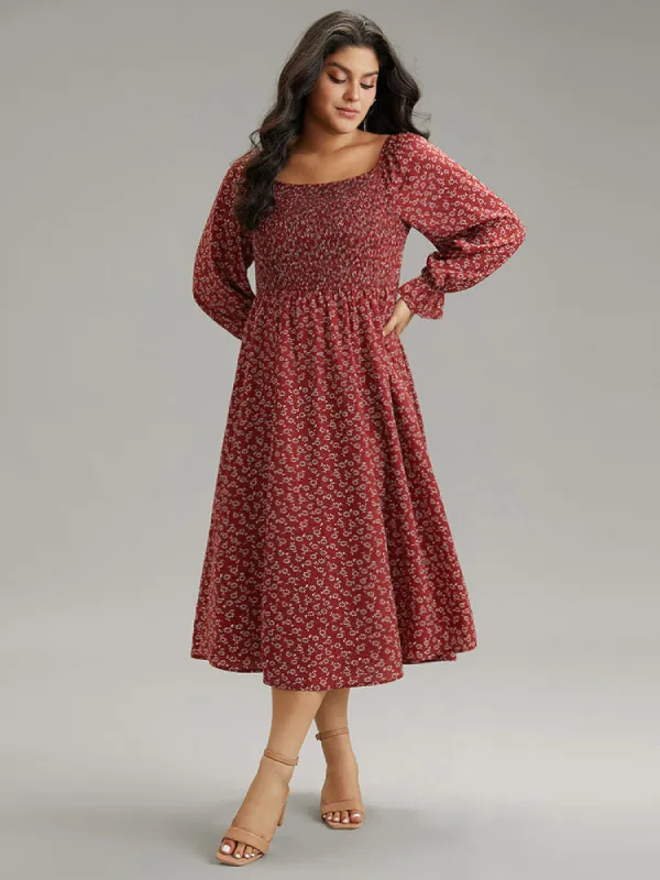 Ditsy Floral Square Neck Shirred Gathered Dress sold by Bloomchic
