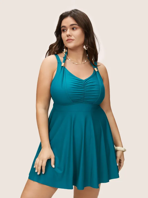 Plain Ruched Adjustable Straps Bowknot Swim Dress sold by Bloomchic