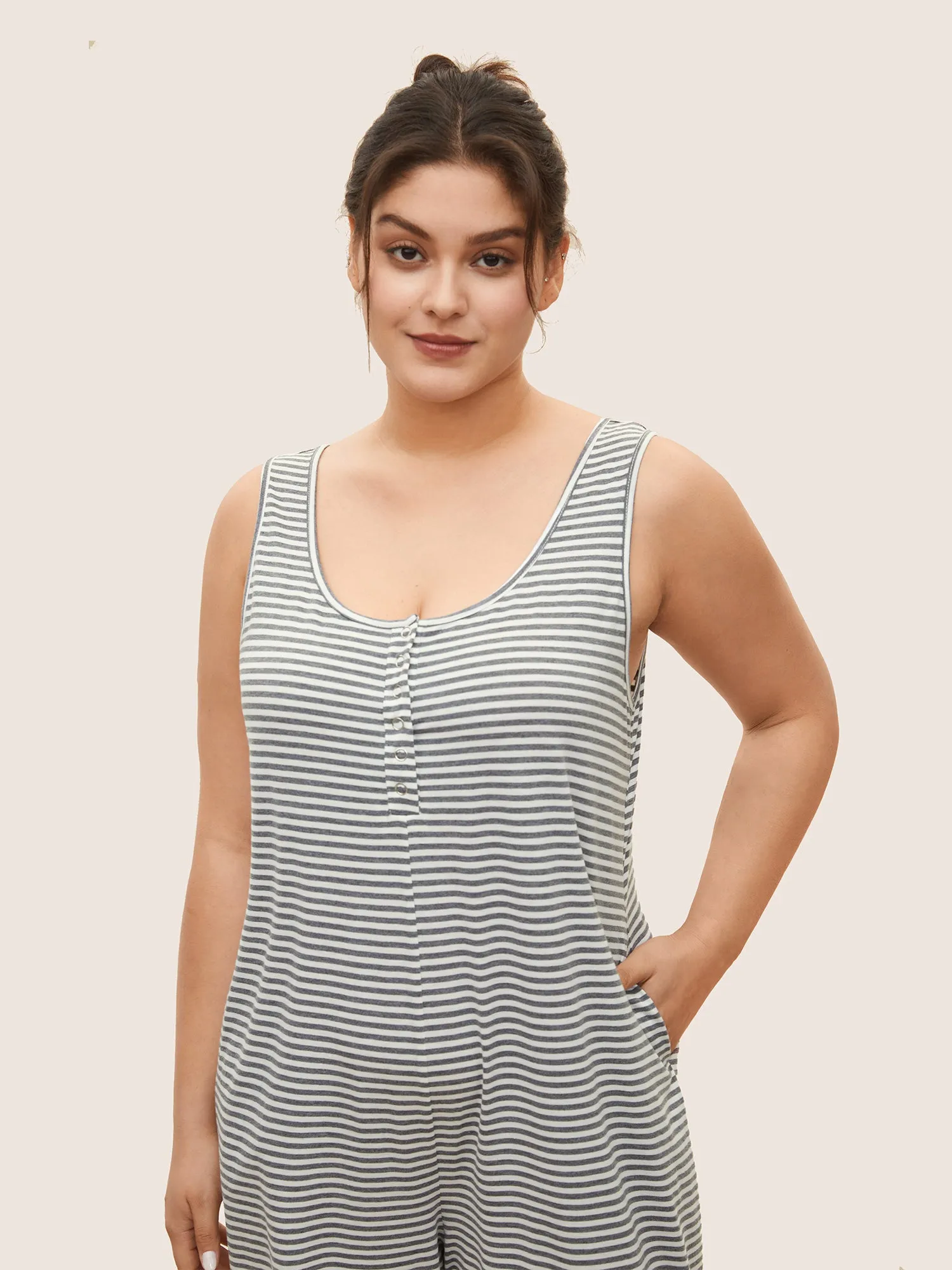 Striped Button Up Pocket Sleep Jumpsuit sold by Bloomchic product image thumbnail 2