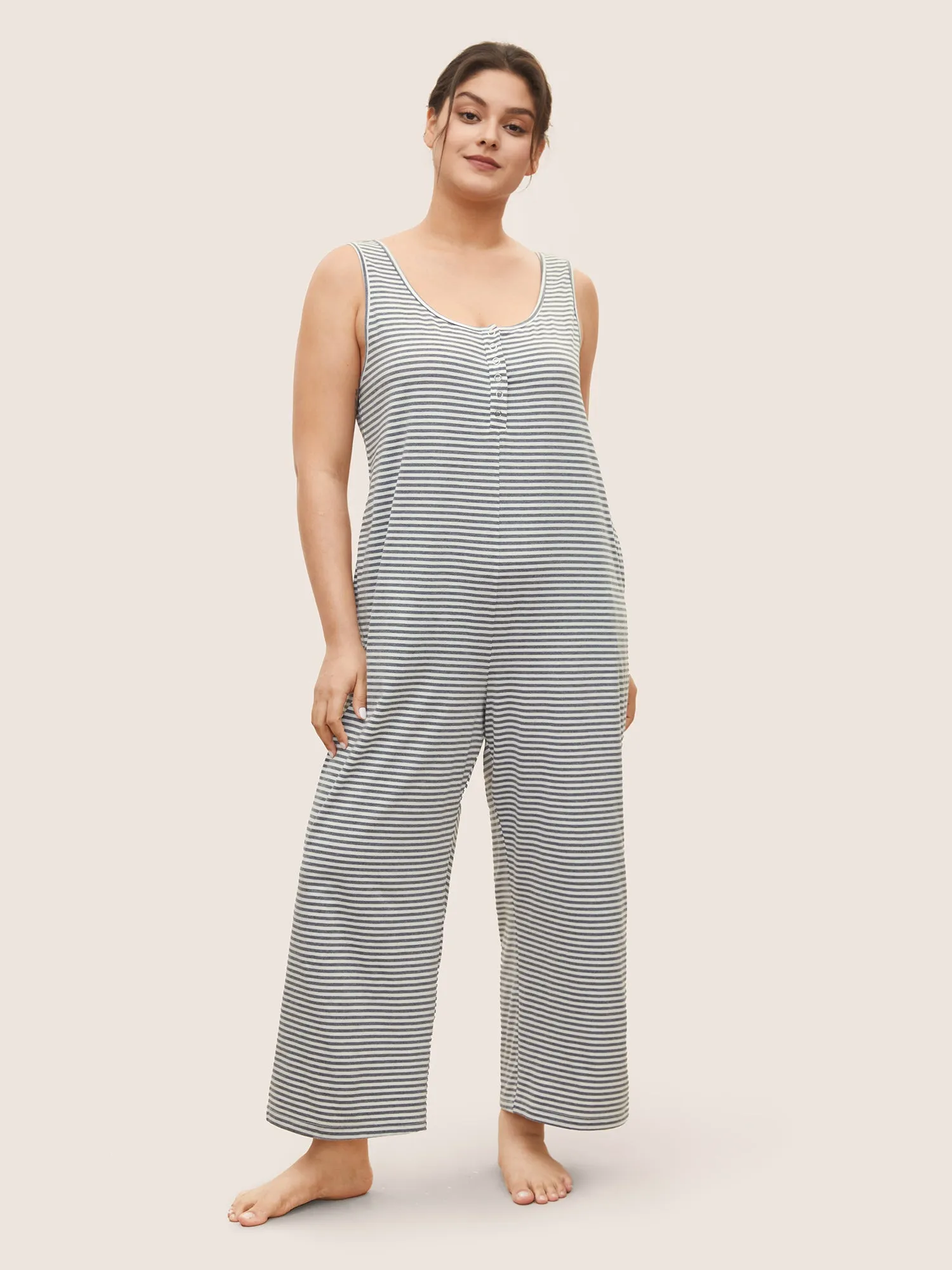 Striped Button Up Pocket Sleep Jumpsuit sold by Bloomchic product image thumbnail 3