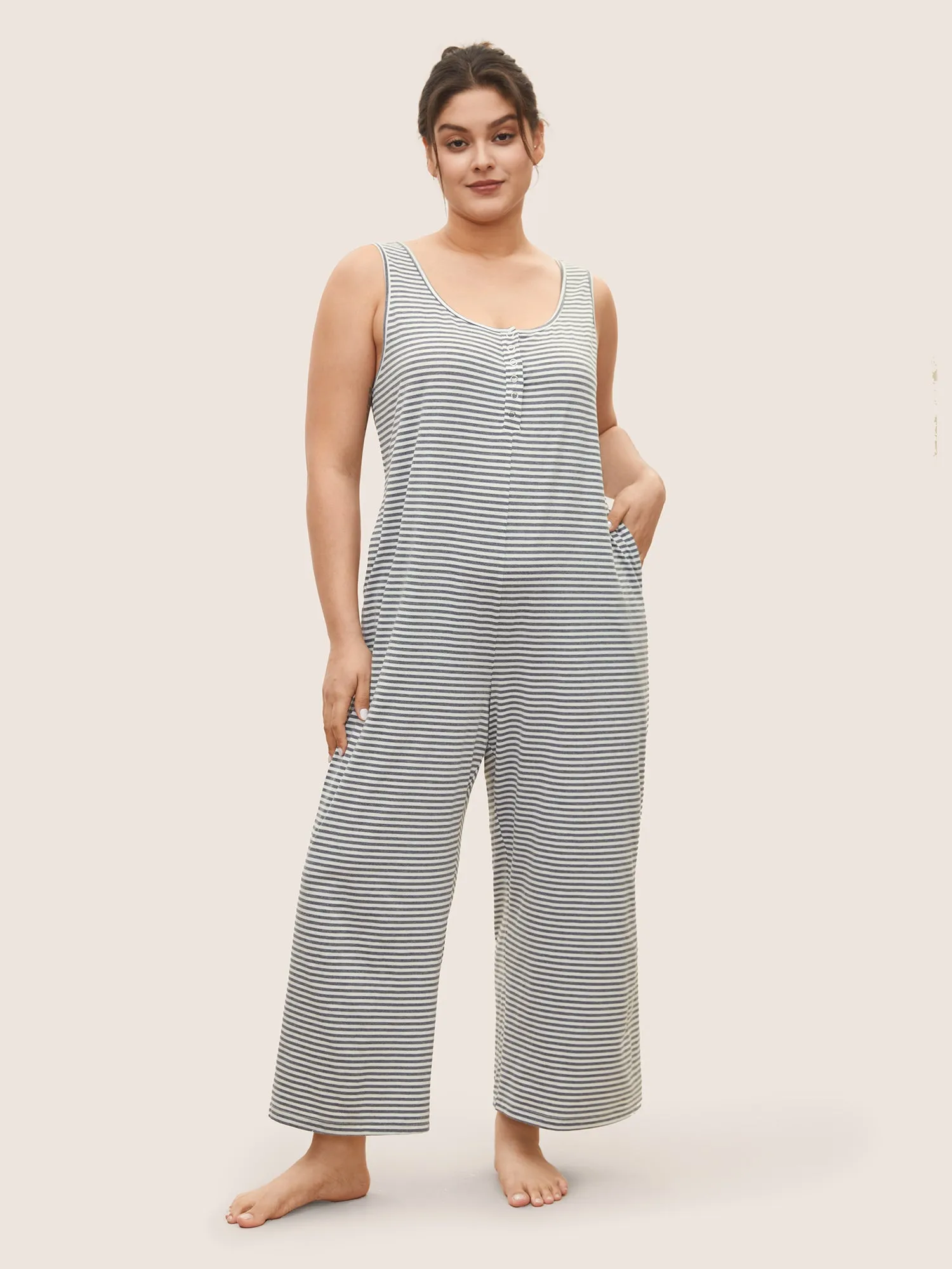 Striped Button Up Pocket Sleep Jumpsuit sold by Bloomchic