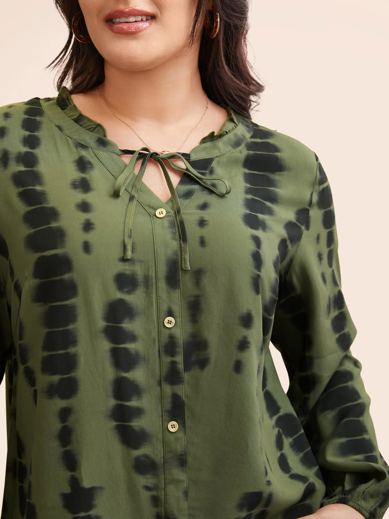 Asymmetrical Brush Print Tie Knot Ruffles Blouse sold by Bloomchic product image thumbnail 3