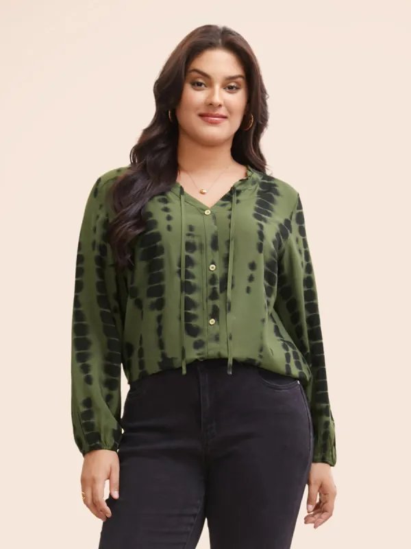 Asymmetrical Brush Print Tie Knot Ruffles Blouse sold by Bloomchic