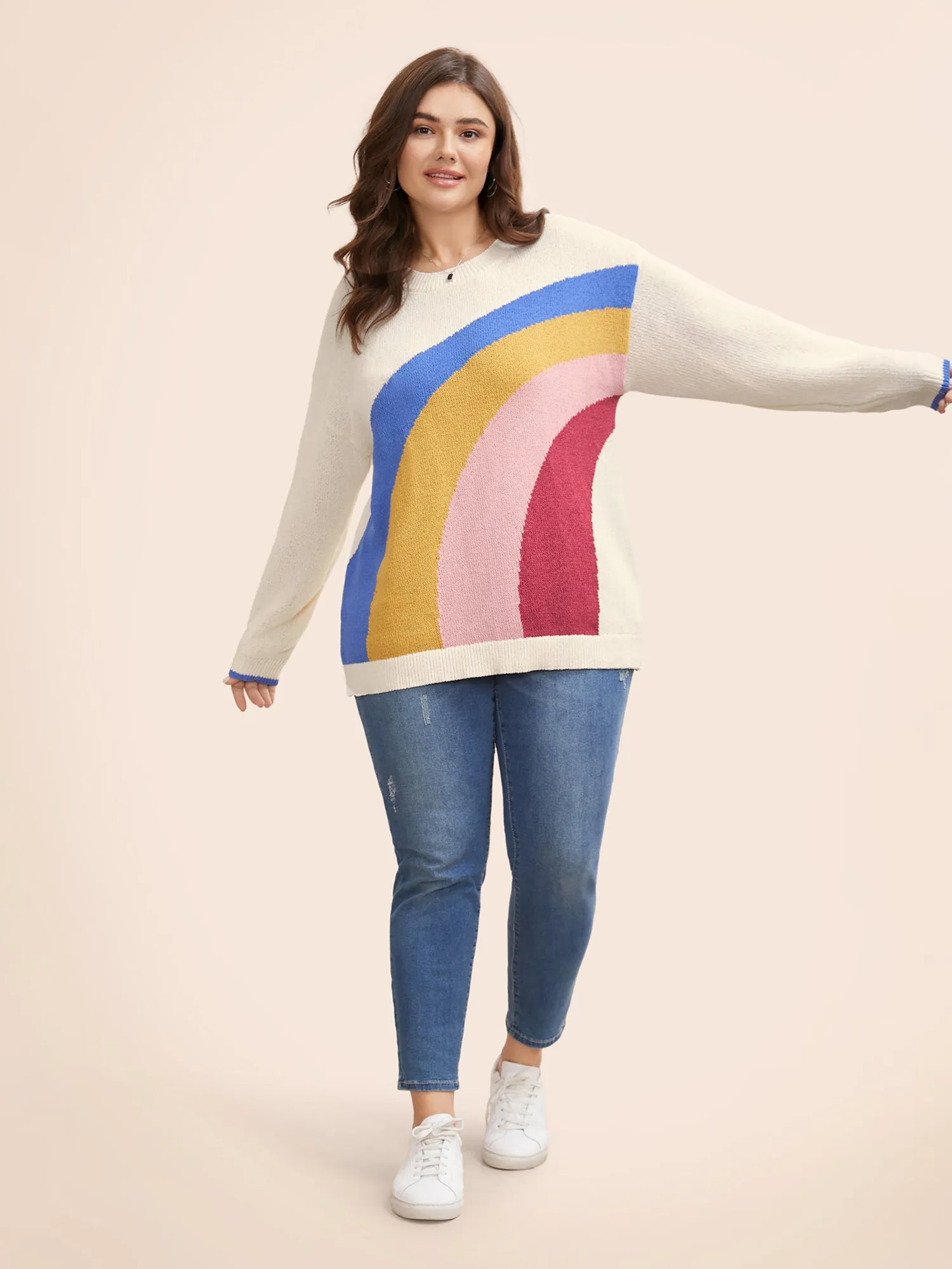 Round Neck Rainbow Contrast Texture Pullover sold by Bloomchic product image thumbnail 4