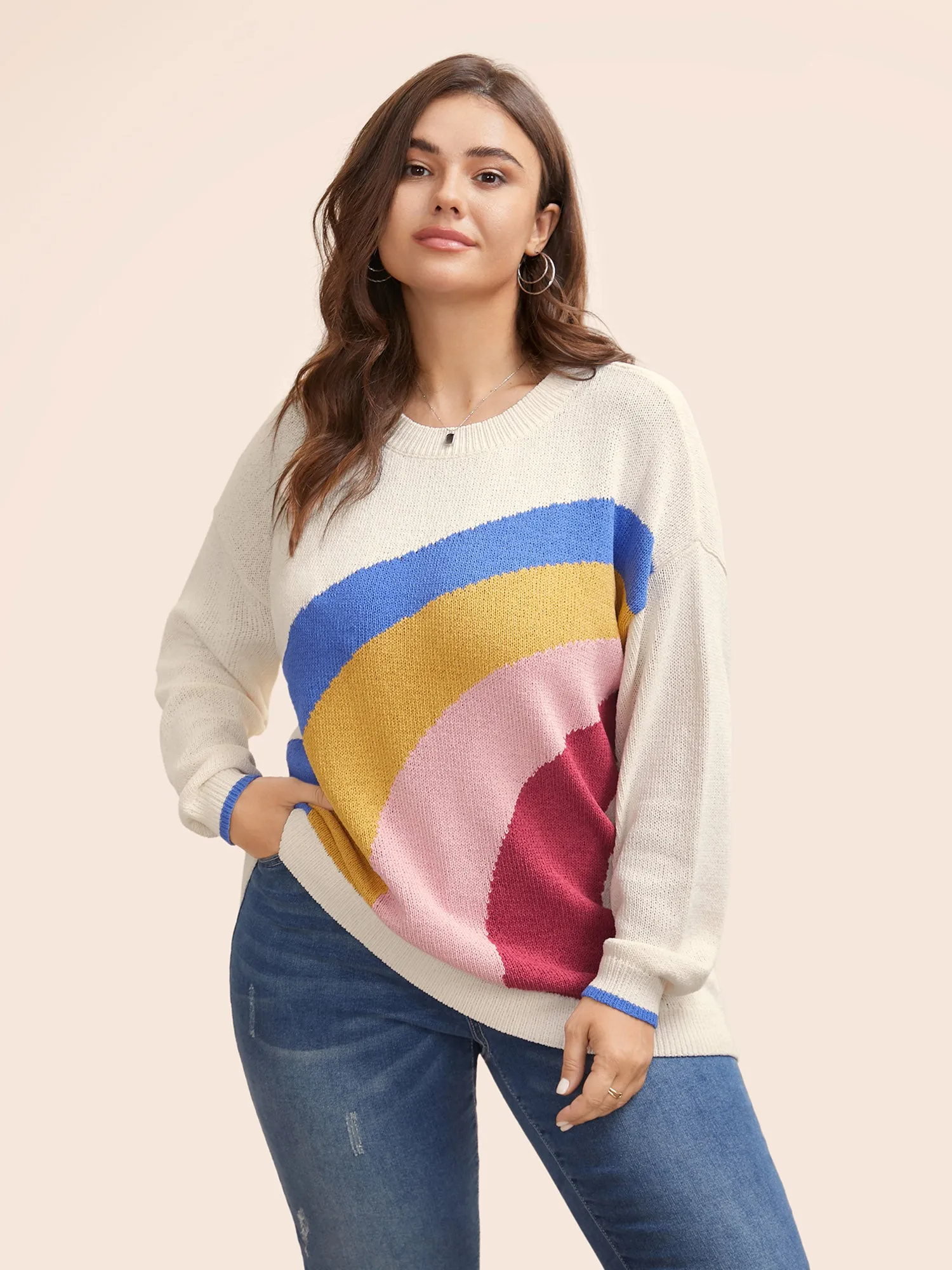 Round Neck Rainbow Contrast Texture Pullover sold by Bloomchic