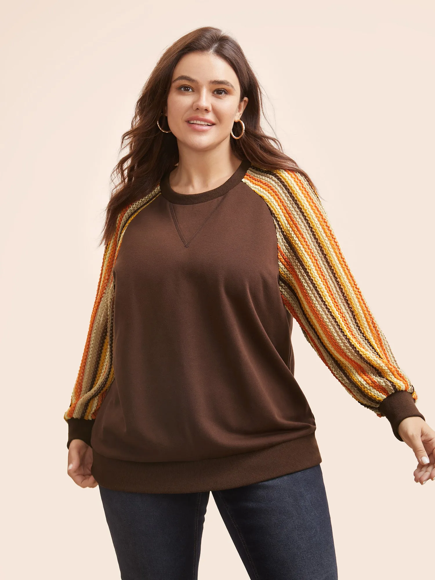 Striped Textured Patchwork Raglan Sleeve Sweatshirt sold by Bloomchic product image thumbnail 2