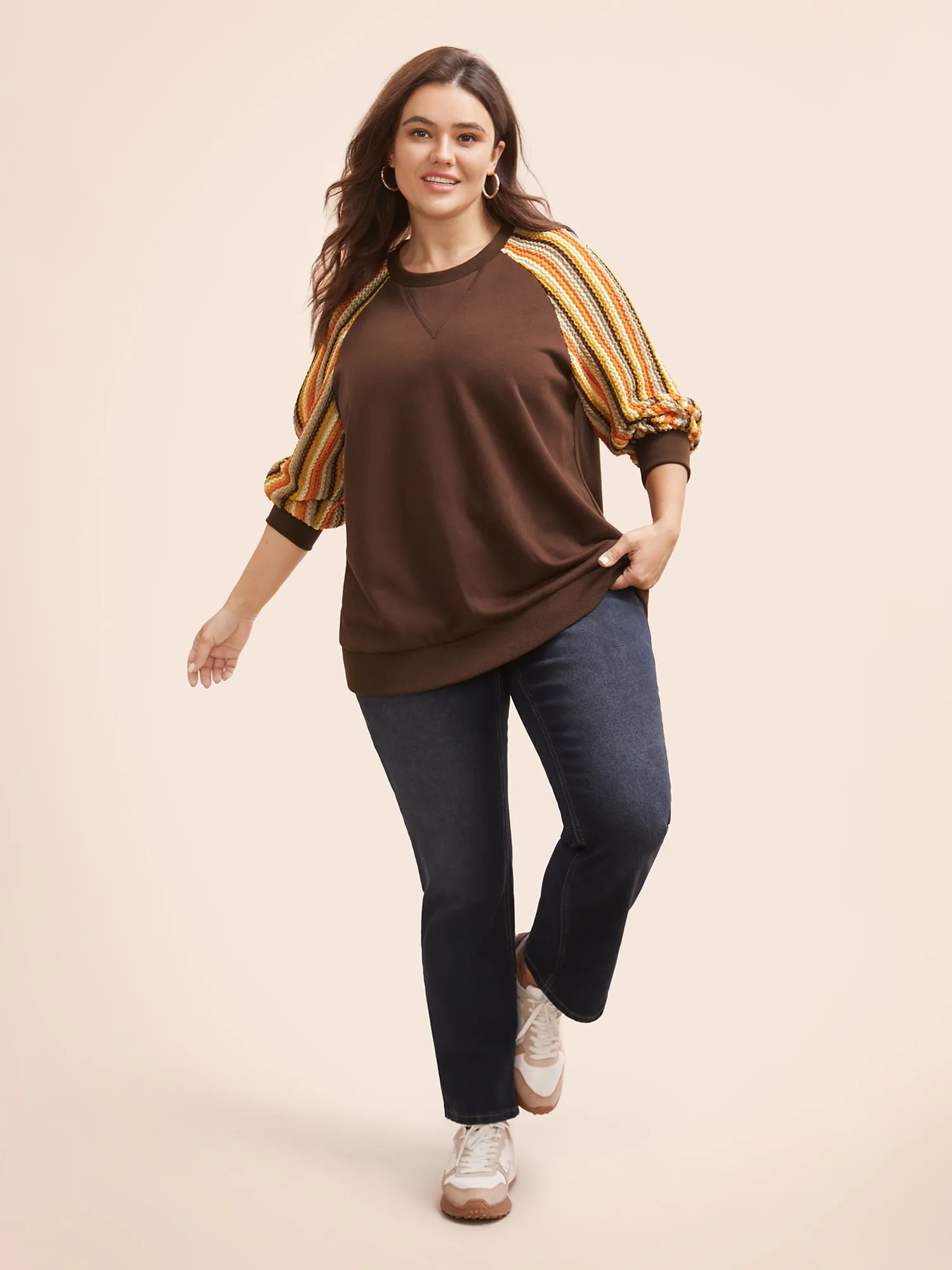 Striped Textured Patchwork Raglan Sleeve Sweatshirt sold by Bloomchic product image thumbnail 4