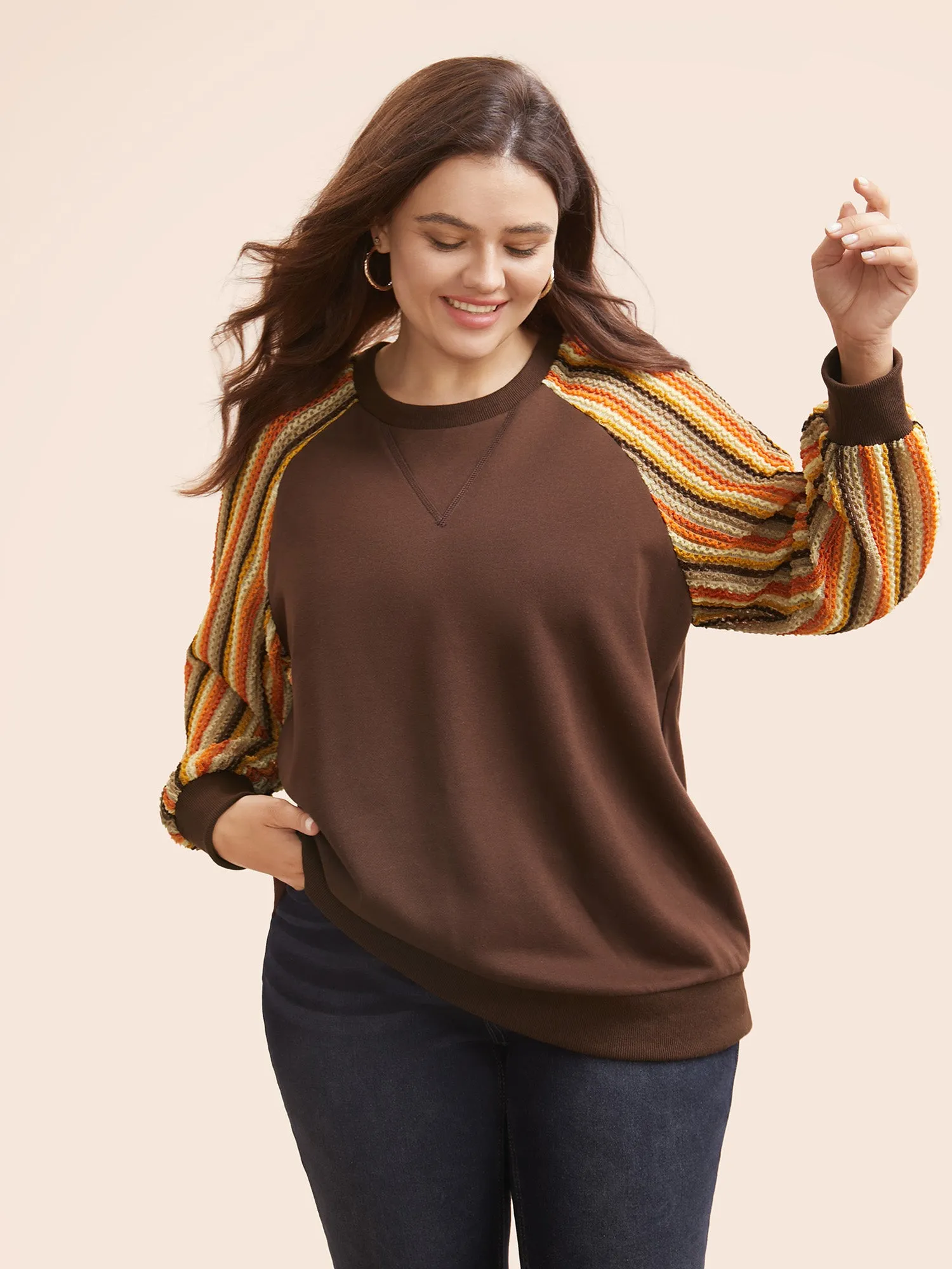 Striped Textured Patchwork Raglan Sleeve Sweatshirt sold by Bloomchic
