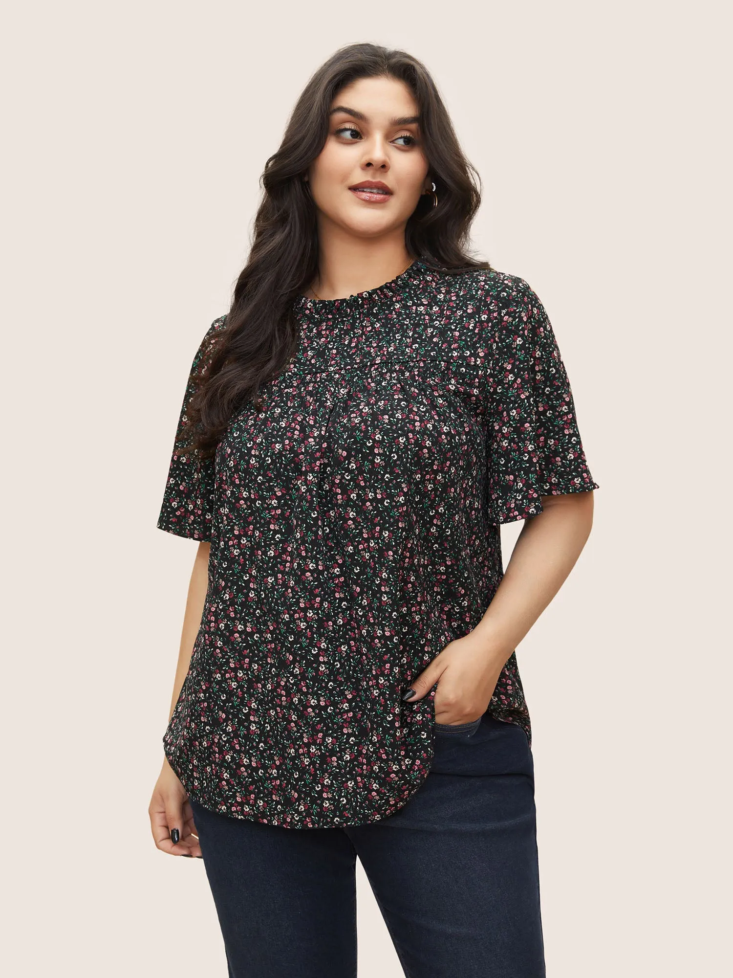 Ditsy Floral Plicated Detail Frill Trim Blouse sold by Bloomchic
