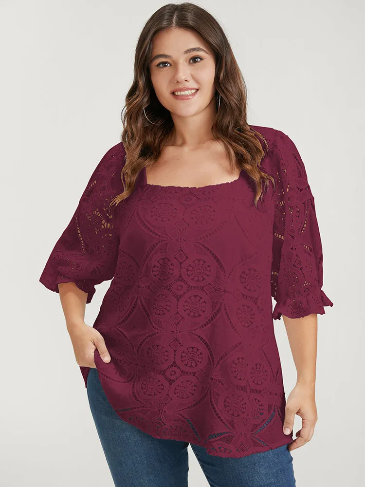 Solid Lantern Sleeve Lace Square Neck Blouse sold by Bloomchic