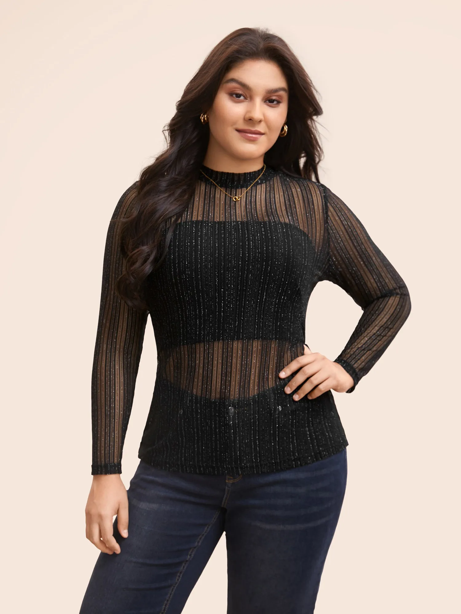 Glitter Mesh Mock Neck T-shirt sold by Bloomchic product image thumbnail 2