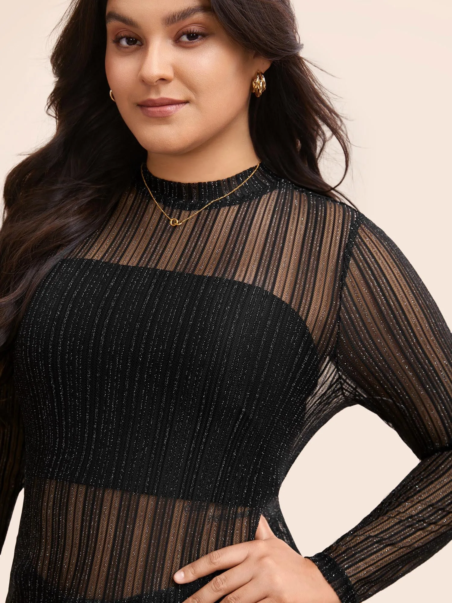 Glitter Mesh Mock Neck T-shirt sold by Bloomchic