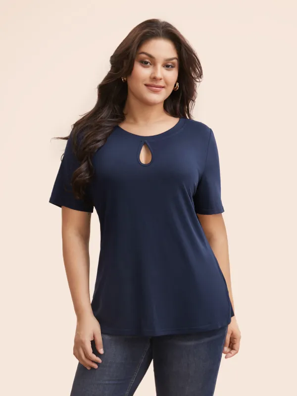 Solid Round Neck Keyhole T-shirt sold by Bloomchic