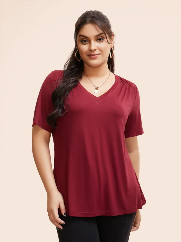 Solid V Neck Gathered T-shirt sold by Bloomchic