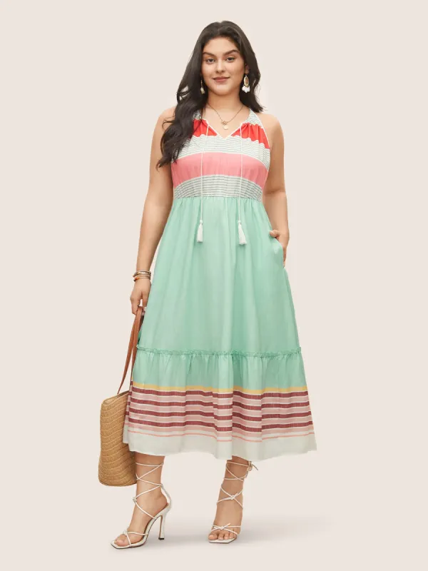 Striped Contrast Drawstring Knot Ties Dress sold by Bloomchic