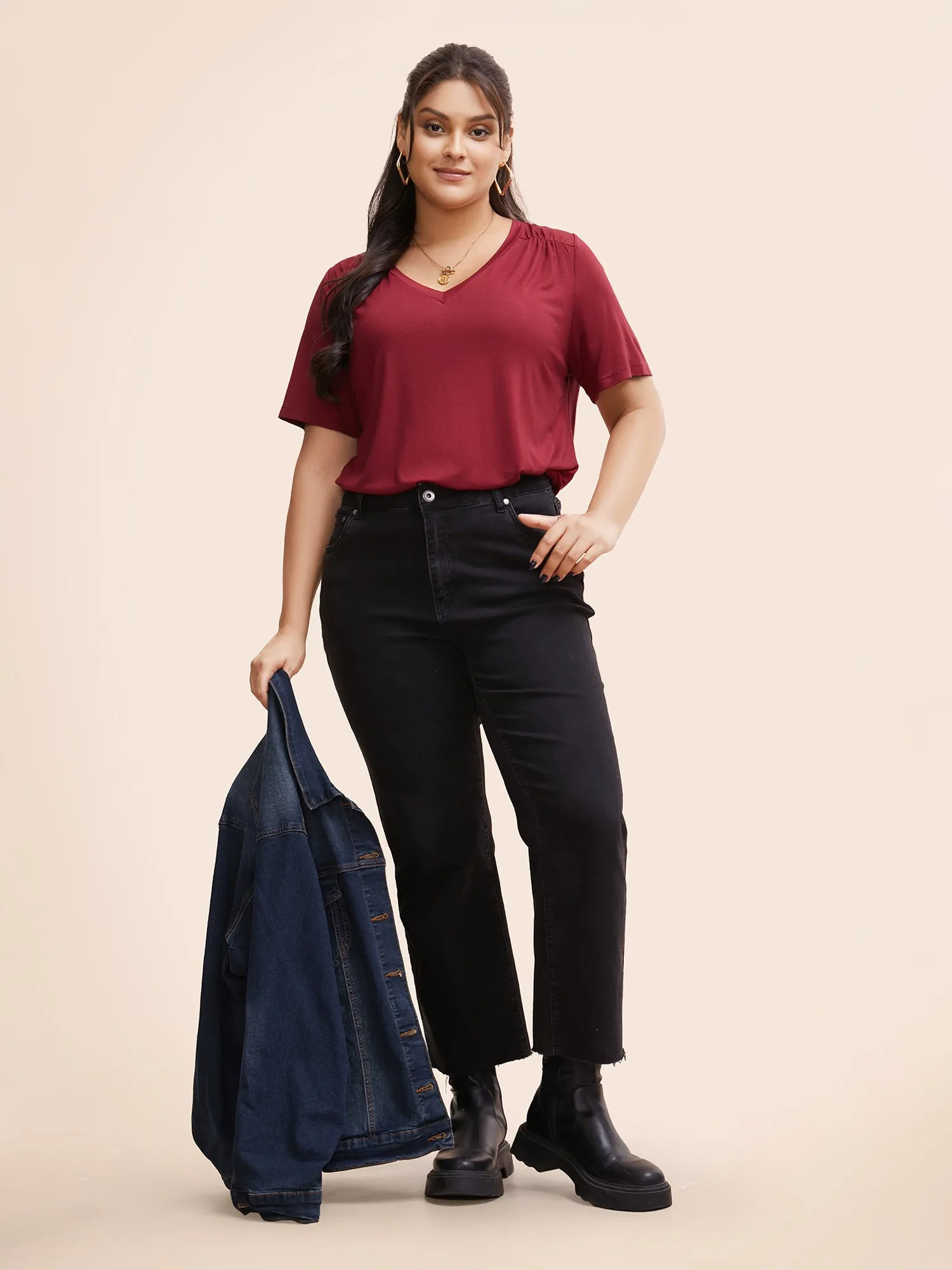 Solid V Neck Gathered T-shirt sold by Bloomchic product image thumbnail 2