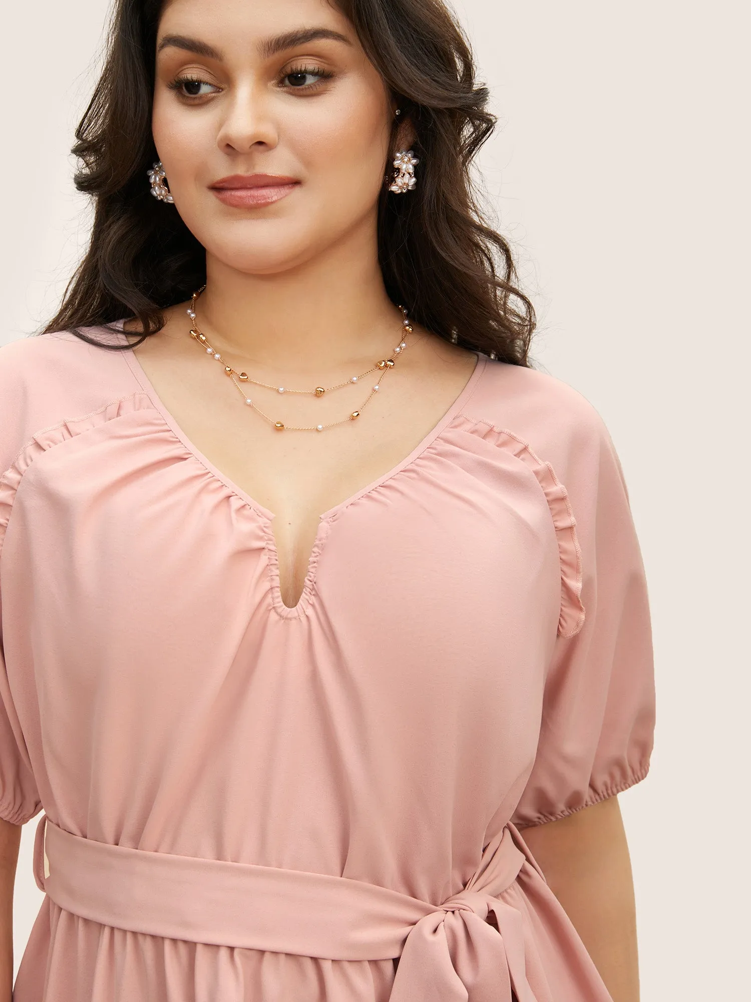 Solid Frill Trim Lantern Sleeve Belted Blouse sold by Bloomchic product image thumbnail 4