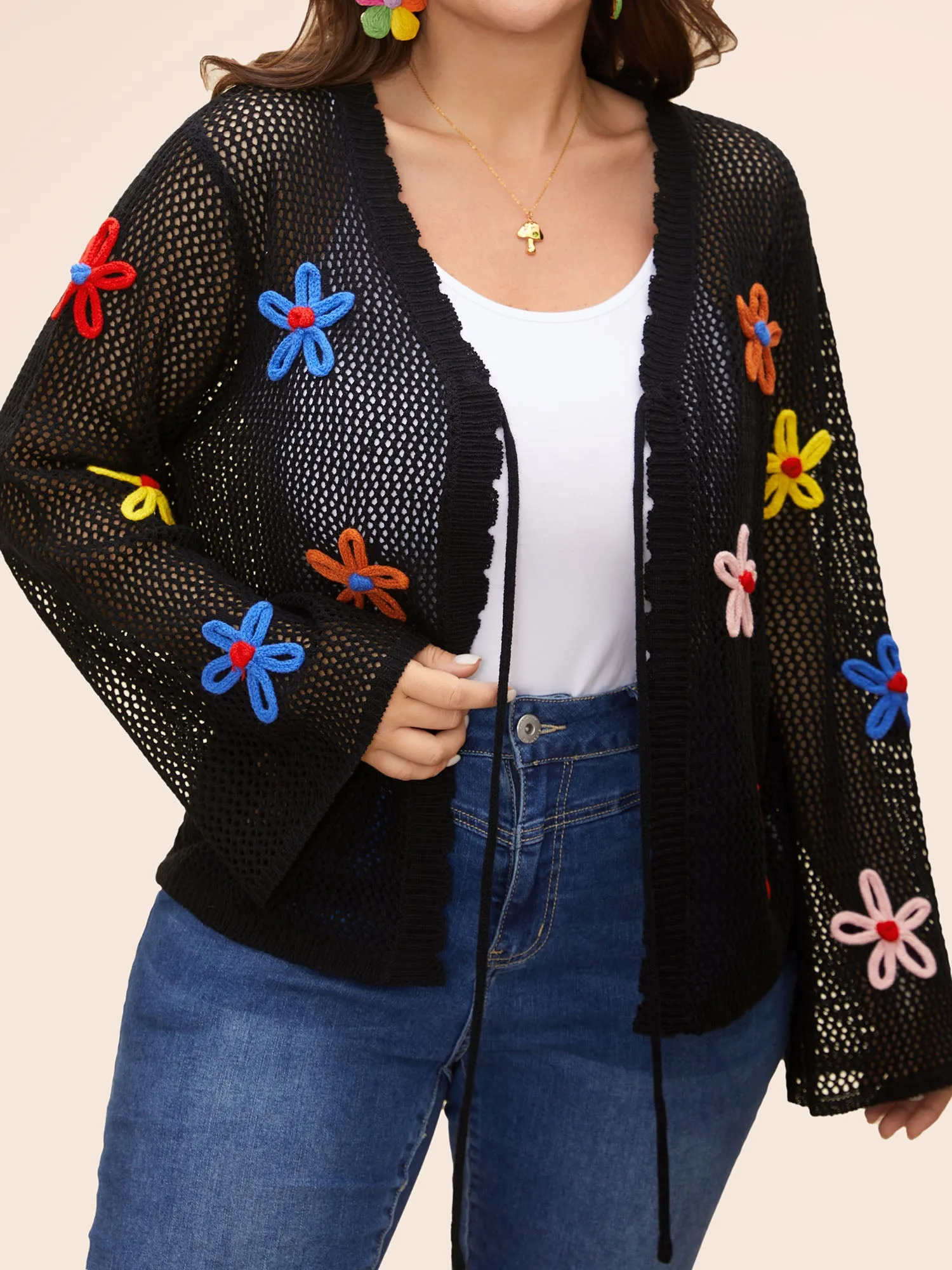 Knit Floral Front Tie Cardigan sold by Bloomchic product image thumbnail 5