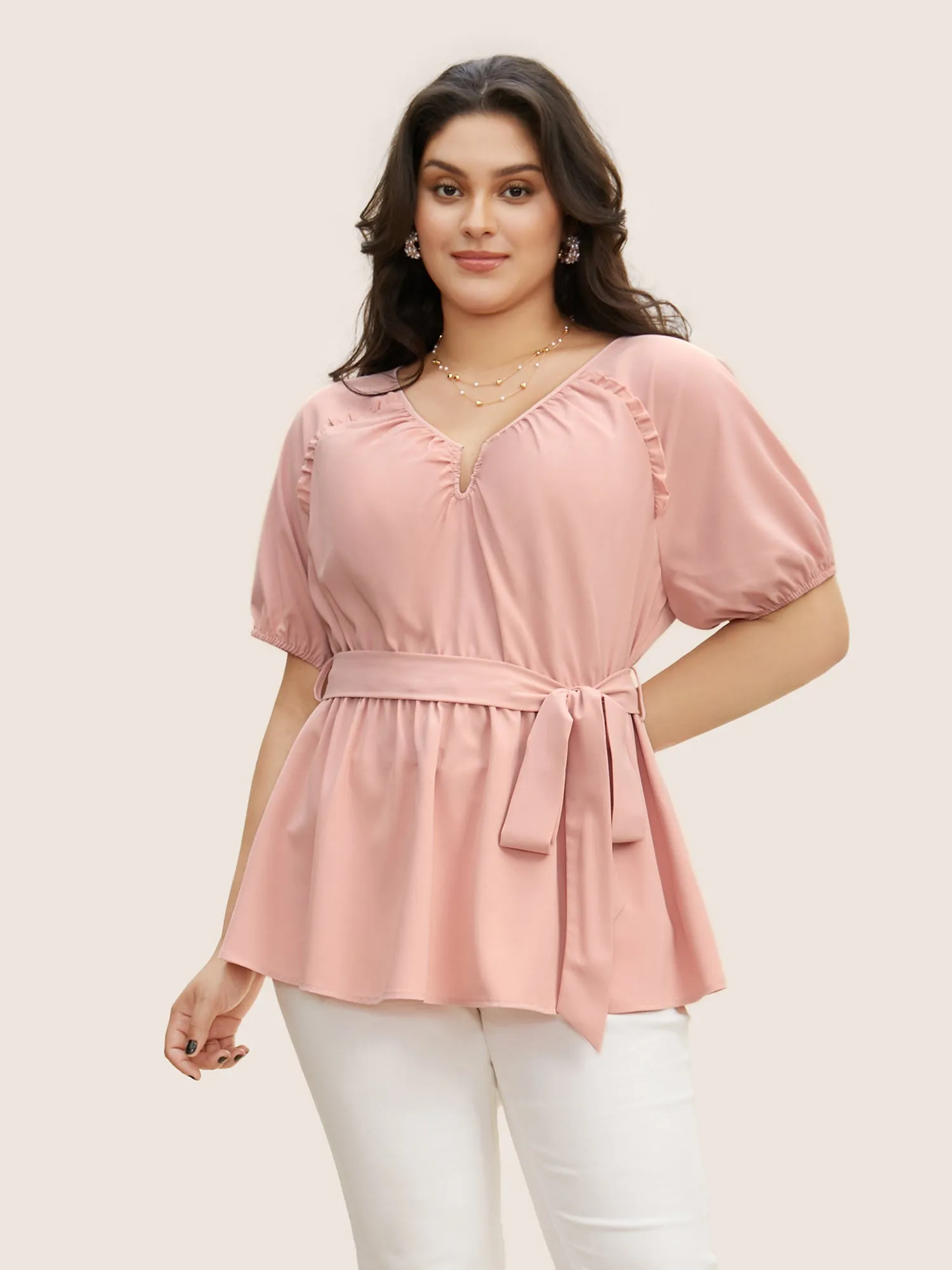 Solid Frill Trim Lantern Sleeve Belted Blouse sold by Bloomchic