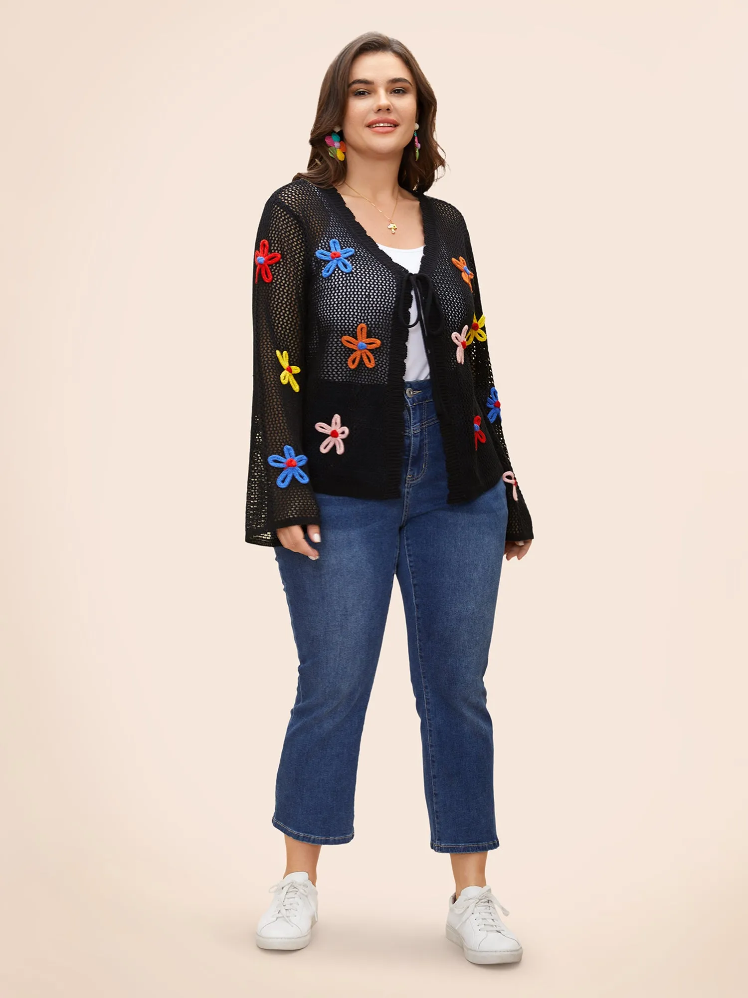 Knit Floral Front Tie Cardigan sold by Bloomchic product image thumbnail 3