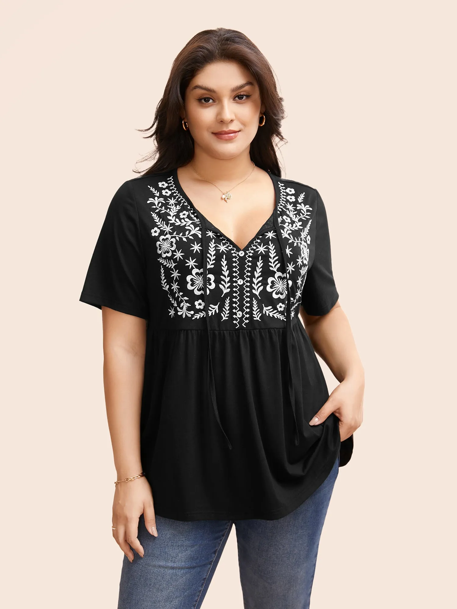 Floral Embroidered Tie Knot T-shirt sold by Bloomchic