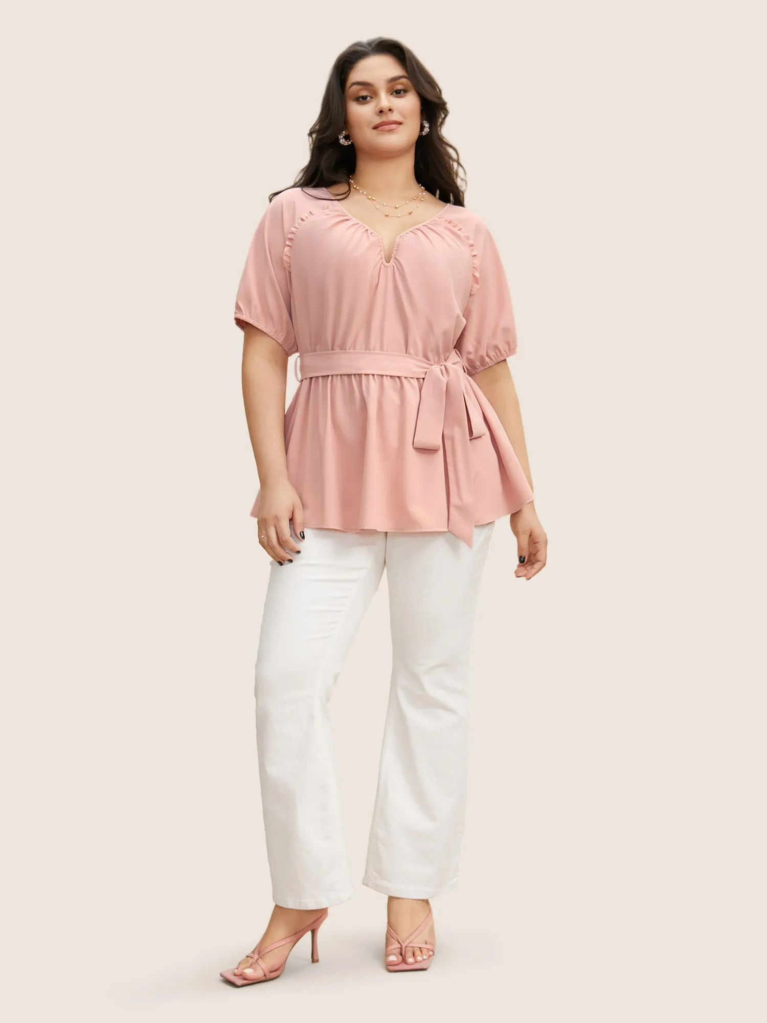 Solid Frill Trim Lantern Sleeve Belted Blouse sold by Bloomchic product image thumbnail 2