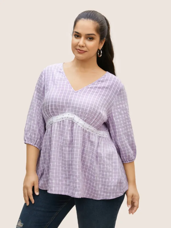 Gingham Patchwork Lantern Sleeve Blouse sold by Bloomchic