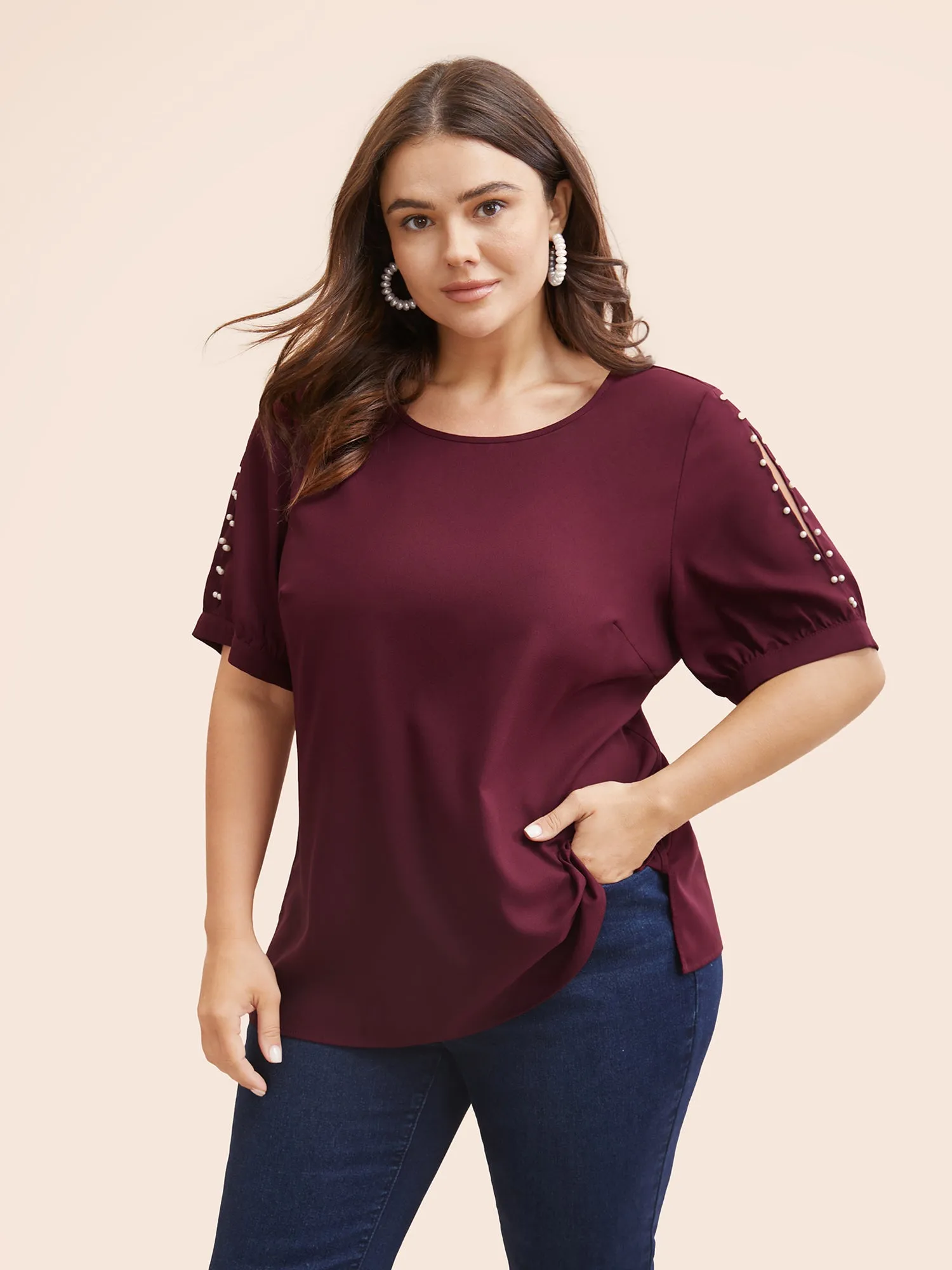 Round Neck Pearl Beaded Cut Out Blouse sold by Bloomchic