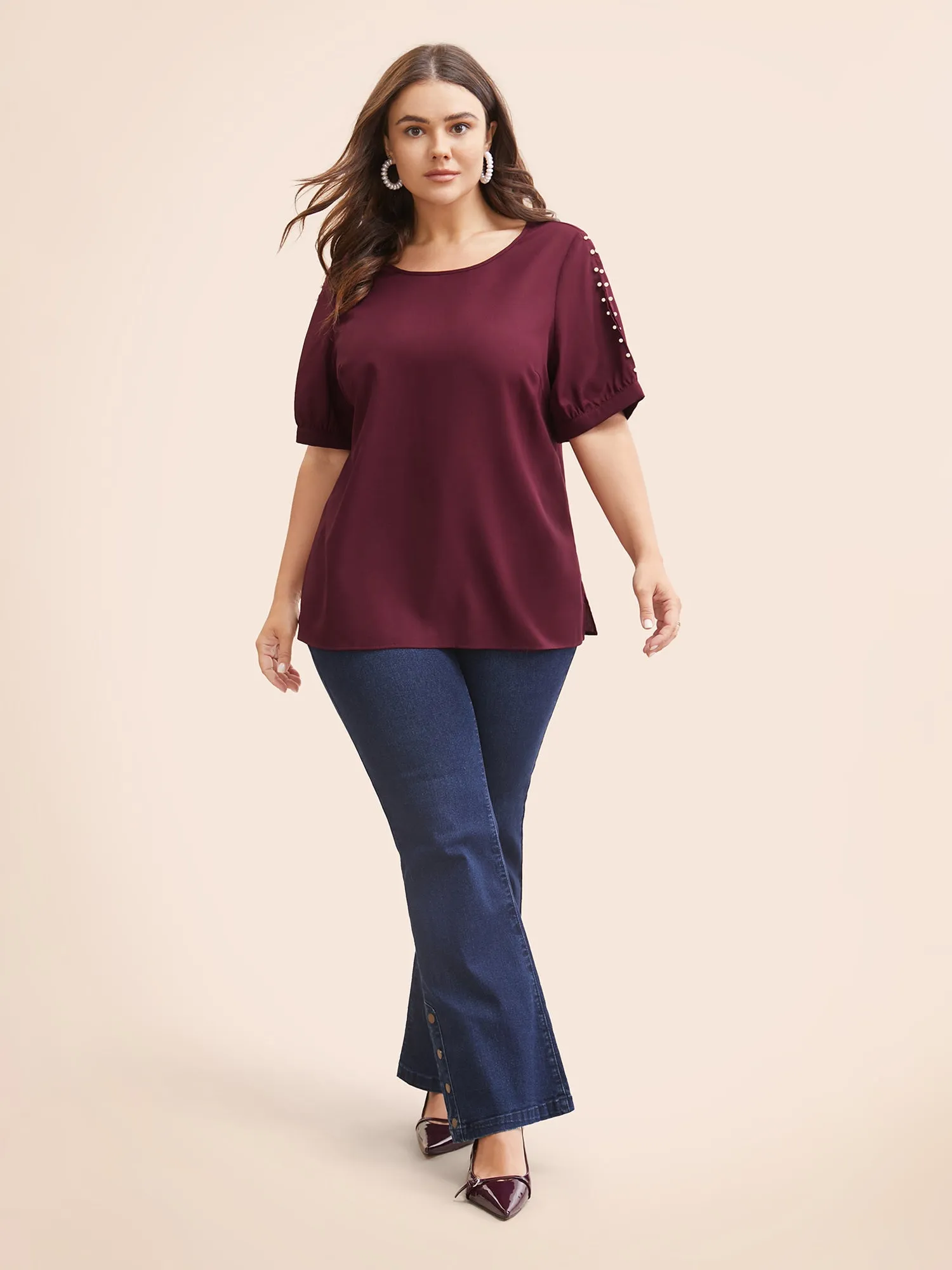 Round Neck Pearl Beaded Cut Out Blouse sold by Bloomchic product image thumbnail 2