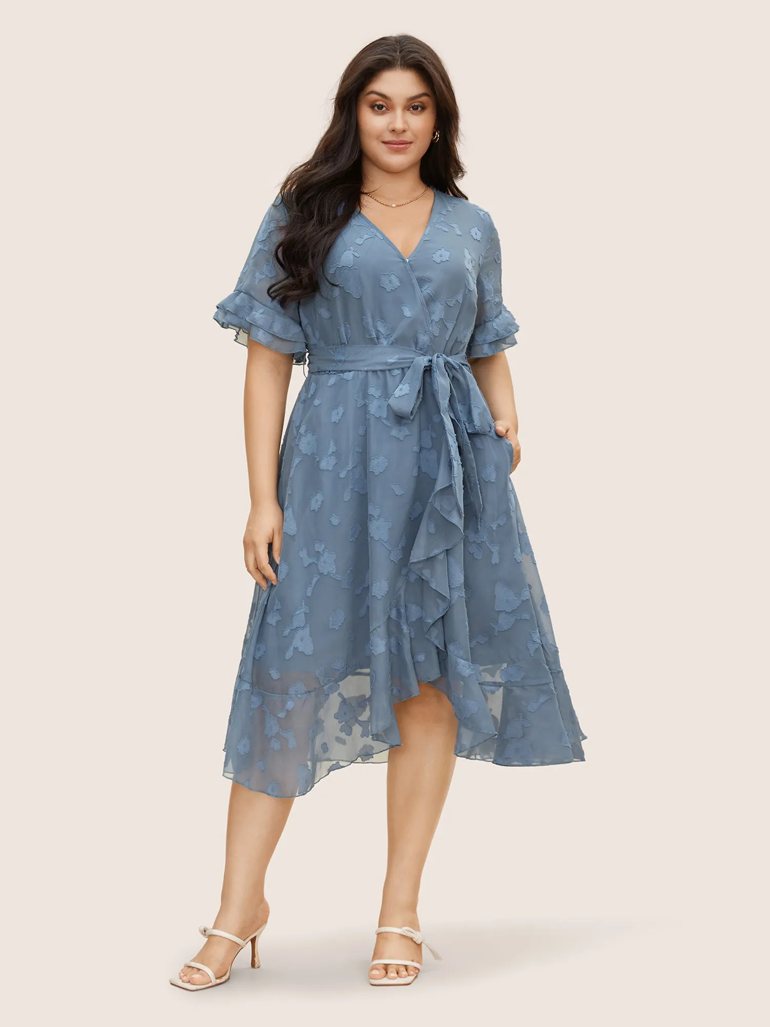 Jacquard Wrap Belted Ruffle Sleeve Dress sold by Bloomchic