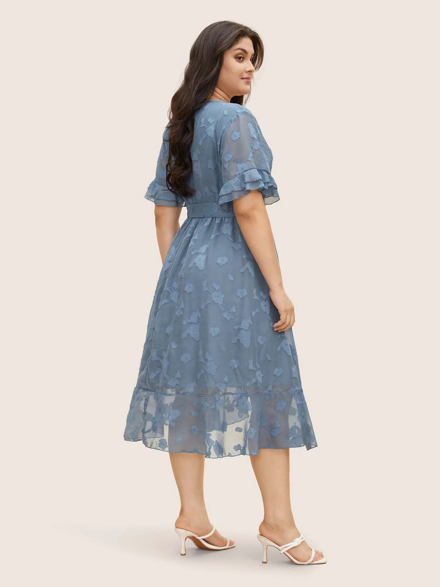 Jacquard Wrap Belted Ruffle Sleeve Dress sold by Bloomchic product image thumbnail 4