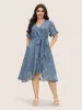 Jacquard Wrap Belted Ruffle Sleeve Dress sold by Bloomchic