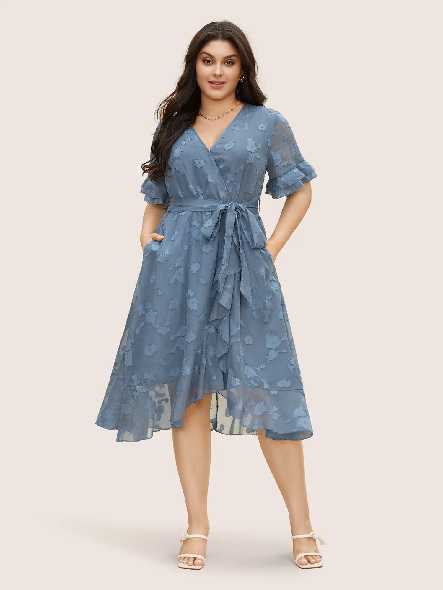 Jacquard Wrap Belted Ruffle Sleeve Dress sold by Bloomchic product image thumbnail 3