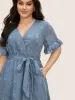 Jacquard Wrap Belted Ruffle Sleeve Dress sold by Bloomchic