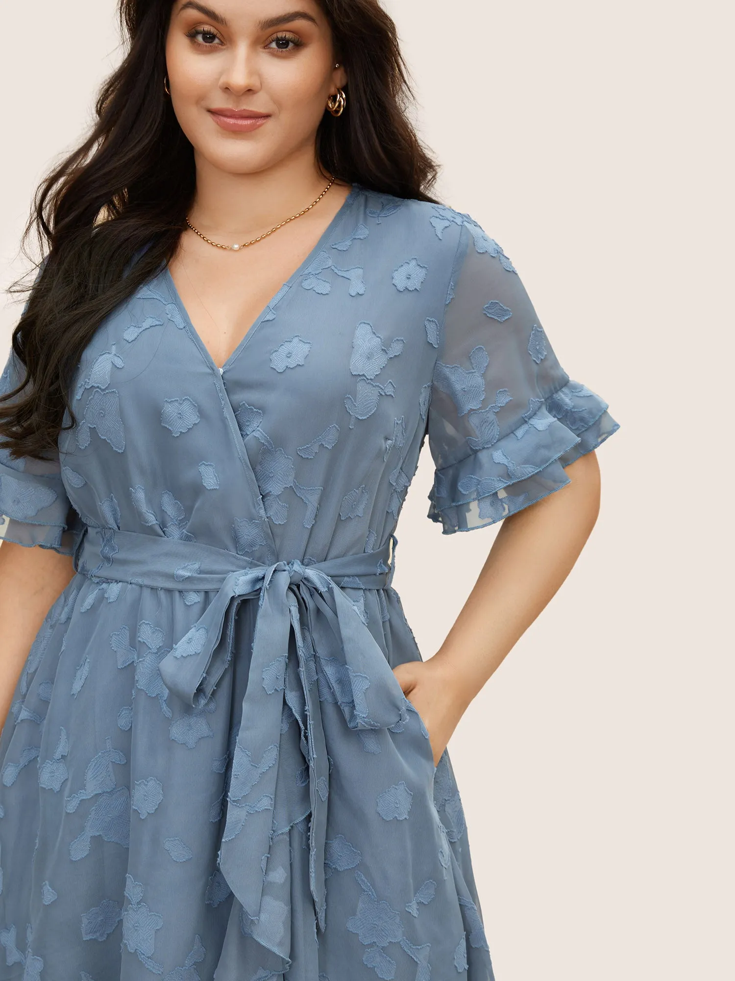 Jacquard Wrap Belted Ruffle Sleeve Dress sold by Bloomchic product image thumbnail 2